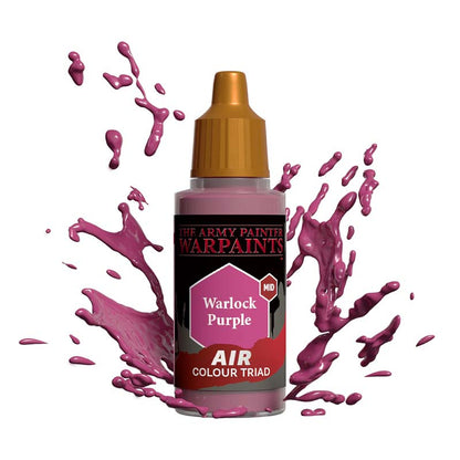 The Army Painter Air Warlock Purple bottle with mid-tone purple paint splashes from the Air Colour Triad series.