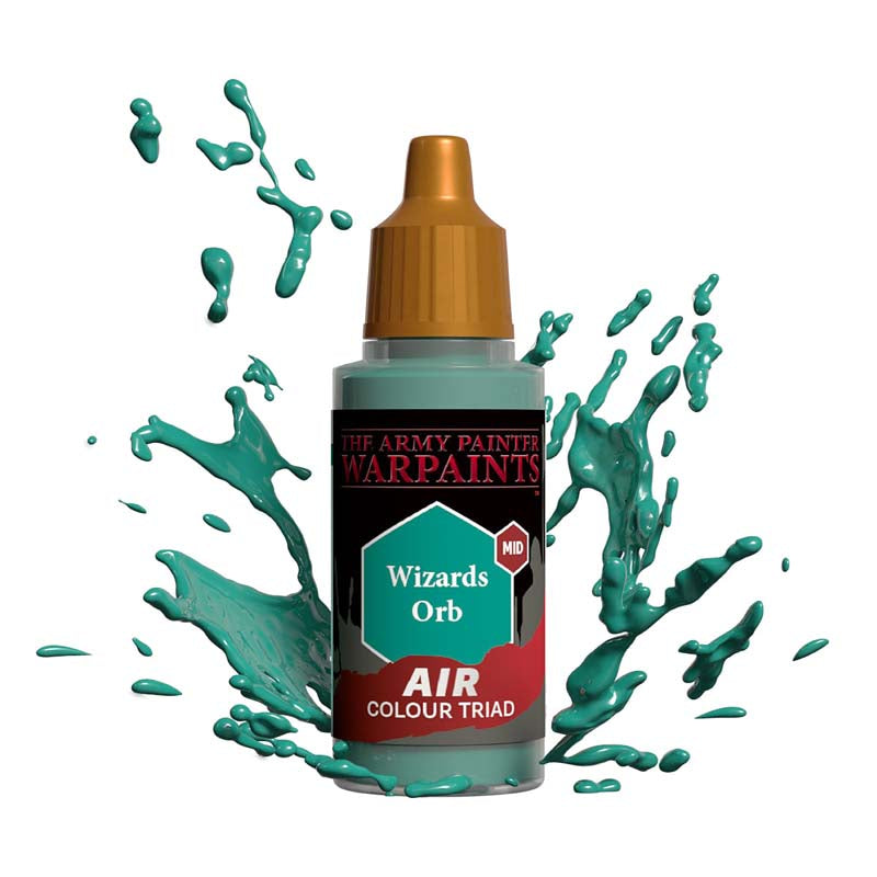 The Army Painter Air Wizards Orb mid-tone airbrush paint with green splash background for model painting.