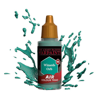 The Army Painter Air Wizards Orb mid-tone airbrush paint with green splash background for model painting.