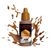 The Army Painter Air True Copper metallic paint bottle with copper paint splashes showcasing airbrush paint for models.