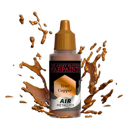 The Army Painter Air True Copper metallic paint bottle with copper paint splashes showcasing airbrush paint for models.