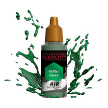 The Army Painter Air Glitter Green metallic paint bottle with green paint splashes around, designed for airbrush use.