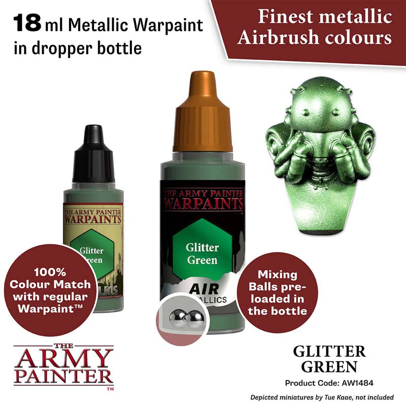 The Army Painter Air Glitter Green metallic warpaint in 18ml dropper bottle with mixing balls for airbrush use.