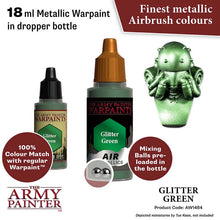 The Army Painter Air Glitter Green metallic warpaint in 18ml dropper bottle with mixing balls for airbrush use.