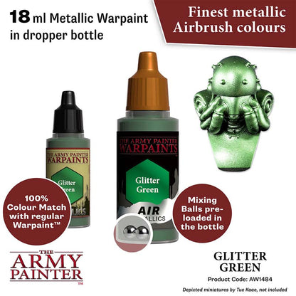 The Army Painter Air Glitter Green metallic warpaint in 18ml dropper bottle with mixing balls for airbrush use.