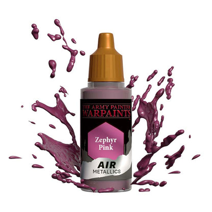 The Army Painter Air Zephyr Pink air metallic paint bottle with pink paint splashes around it.