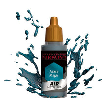 The Army Painter Air Azure Magic metallic airbrush paint bottle with vibrant blue paint splashes.