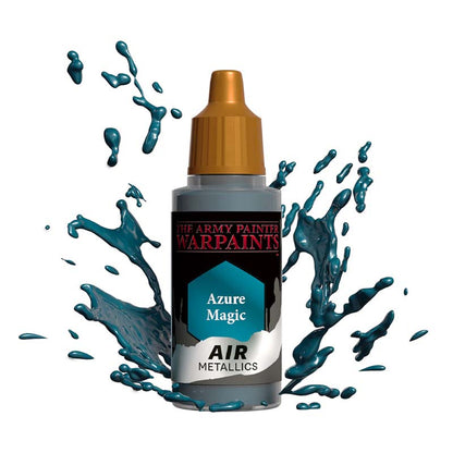 The Army Painter Air Azure Magic metallic airbrush paint bottle with vibrant blue paint splashes.