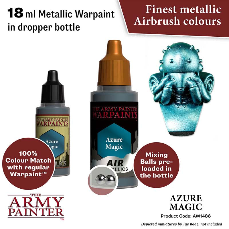 The Army Painter Air Azure Magic 18ml metallic airbrush paint with mixing balls and color match to regular Warpaint.