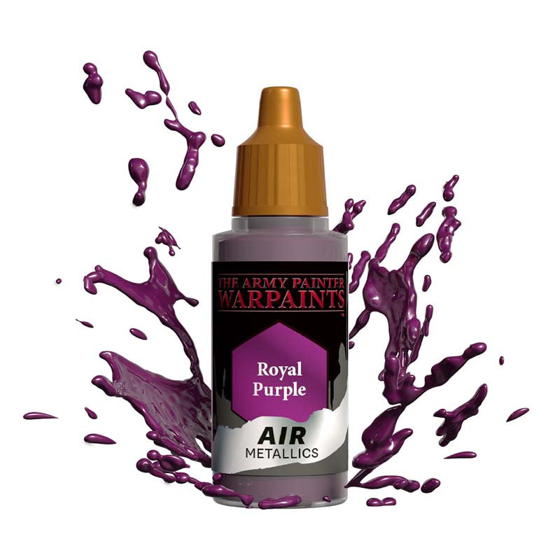 The Army Painter Air Royal Purple metallic paint bottle with vibrant purple paint splashes around it.
