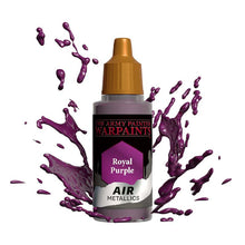 The Army Painter Air Royal Purple metallic paint bottle with vibrant purple paint splashes around it.