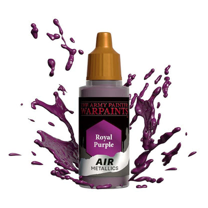 The Army Painter Air Royal Purple metallic paint bottle with vibrant purple paint splashes around it.