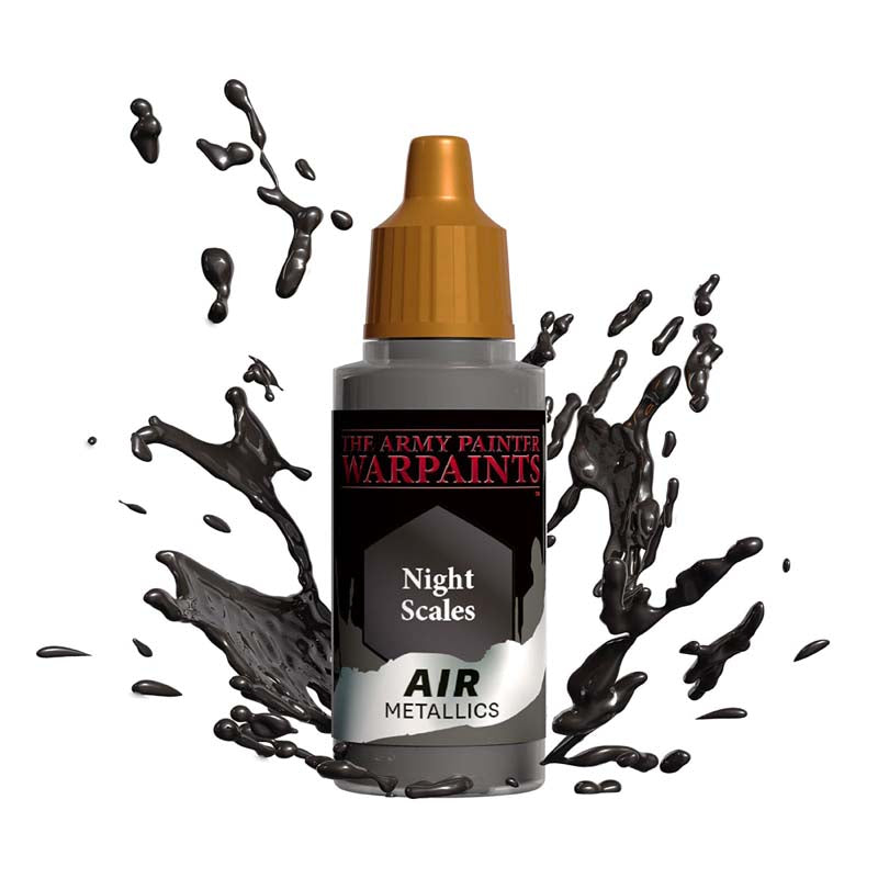 The Army Painter Air Night Scales metallic black paint bottle with splashing paint for airbrush use.