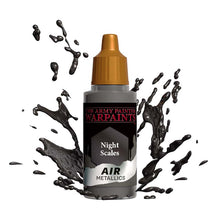 The Army Painter Air Night Scales metallic black paint bottle with splashing paint for airbrush use.