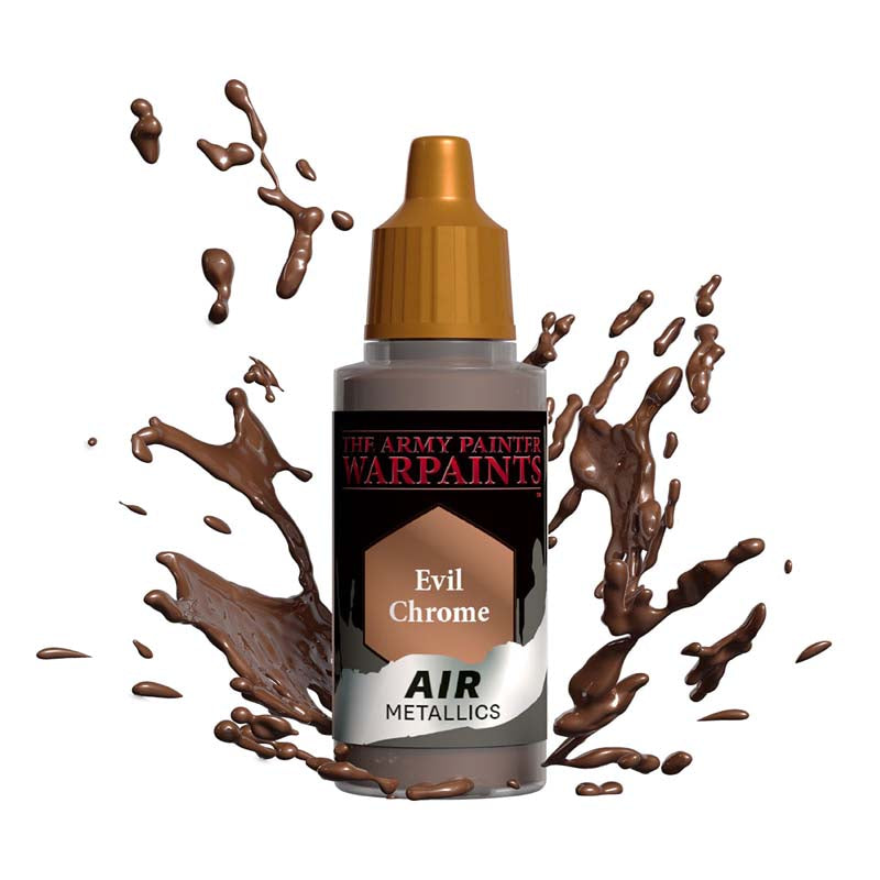 The Army Painter Air Evil Chrome metallic paint bottle with brown paint splashes around it for miniatures.