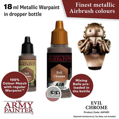The Army Painter Air Evil Chrome 18ml metallic warpaint with mixing balls for airbrush and miniature painting.