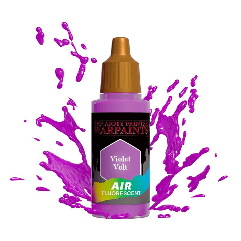 The Army Painter Air Violet Volt fluorescent airbrush paint with vibrant purple splashes around the bottle.