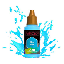 The Army Painter Air Blue Flux fluorescent airbrush paint bottle with blue paint splash background