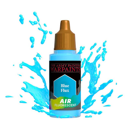 The Army Painter Air Blue Flux fluorescent airbrush paint bottle with blue paint splash background
