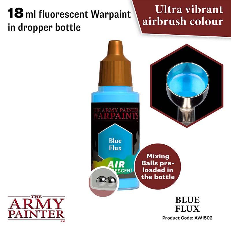 The Army Painter Air Blue Flux 18ml fluorescent warpaint with mixing balls and vibrant airbrush color.