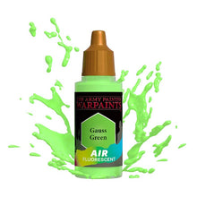 The Army Painter Air Gauss Green fluorescent airbrush paint with vibrant green splash background
