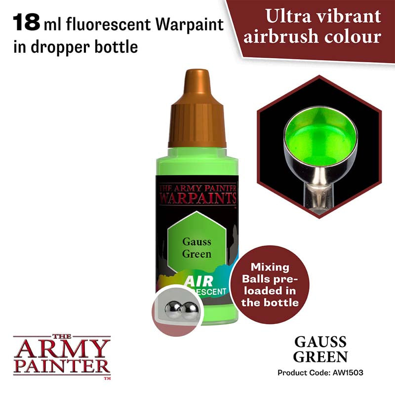 The Army Painter Air Gauss Green fluorescent warpaint in 18ml dropper bottle with preloaded mixing balls