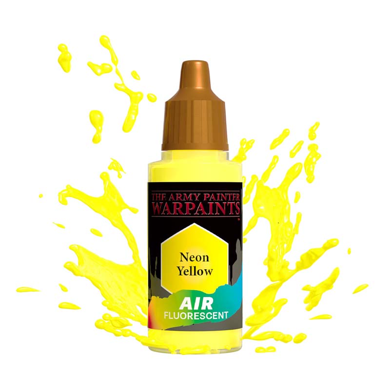 The Army Painter Air Neon Yellow fluorescent paint bottle with bright yellow paint splashes around it.