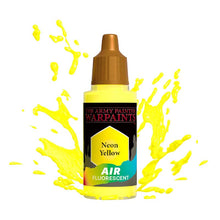 The Army Painter Air Neon Yellow fluorescent paint bottle with bright yellow paint splashes around it.