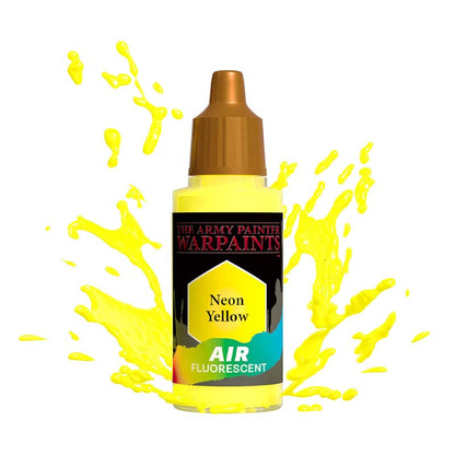 The Army Painter Air Neon Yellow fluorescent paint bottle with bright yellow paint splashes around it.