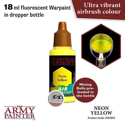The Army Painter Air Neon Yellow 18ml fluorescent Warpaint with mixing balls for ultra vibrant airbrush color.