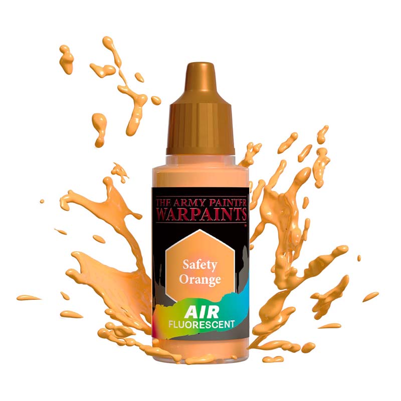 The Army Painter Air Safety Orange fluorescent paint bottle with vibrant orange paint splashes around.