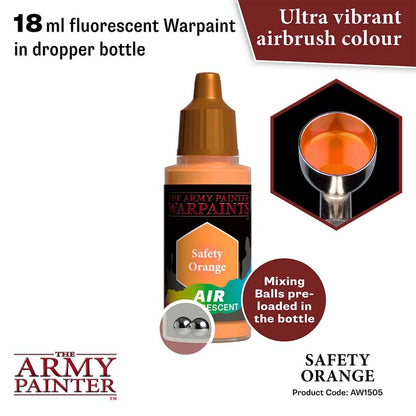 The Army Painter Air Safety Orange 18ml fluorescent airbrush paint with preloaded mixing balls in dropper bottle.