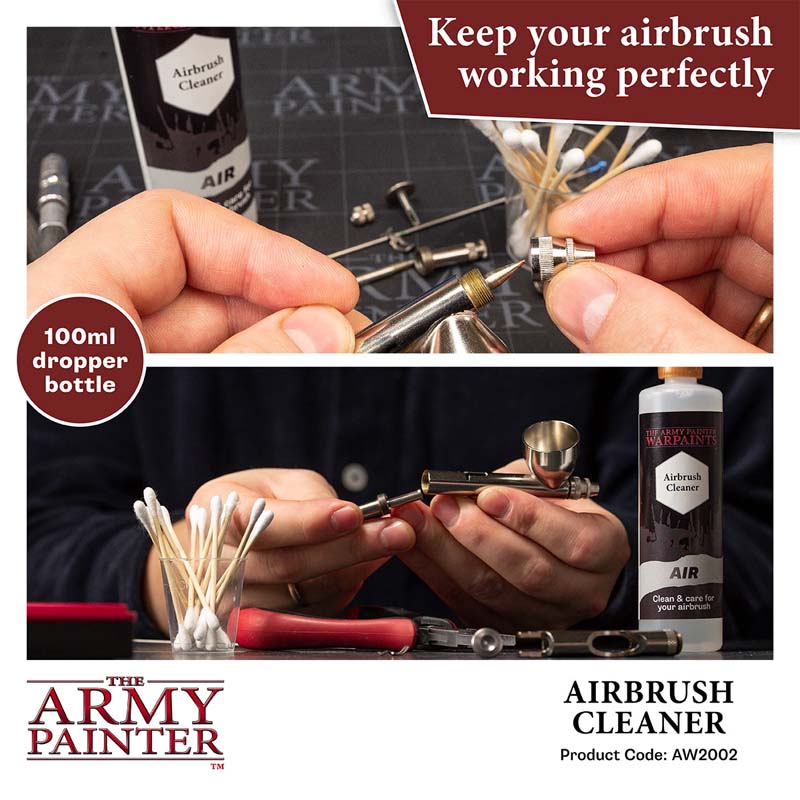 The Army Painter Airbrush Cleaner bottle and tools for cleaning and maintaining an airbrush system.