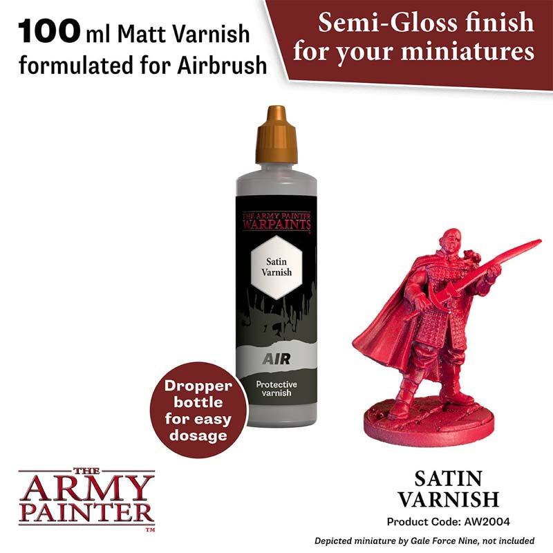 The Army Painter Air Aegis Suit Satin Varnish 100ml dropper bottle with semi-gloss finish for miniatures