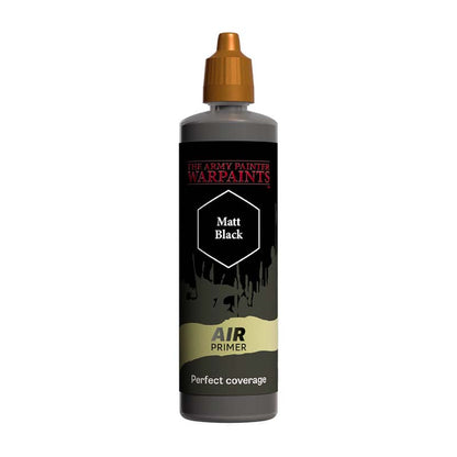The Army Painter Air Primer Black bottle with matt black air primer for smooth, perfect coverage on miniatures and models.