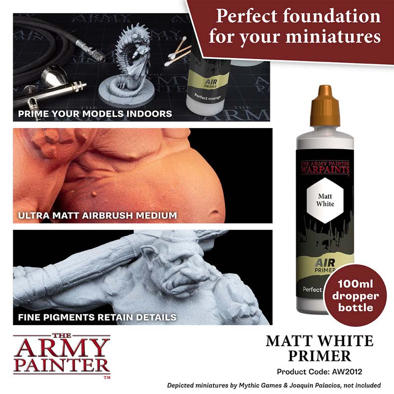 The Army Painter Air Primer White in a 100ml dropper bottle for ultra matt finish and fine detail retention on miniatures.