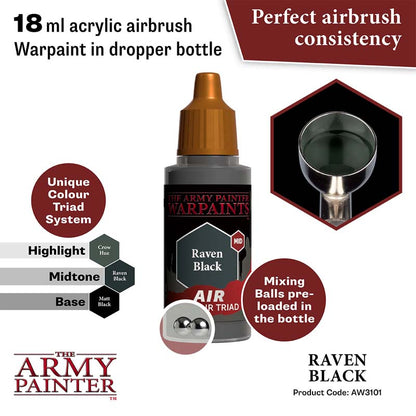 The Army Painter Air Raven Black 18ml acrylic airbrush paint with mixing balls and perfect airbrush consistency