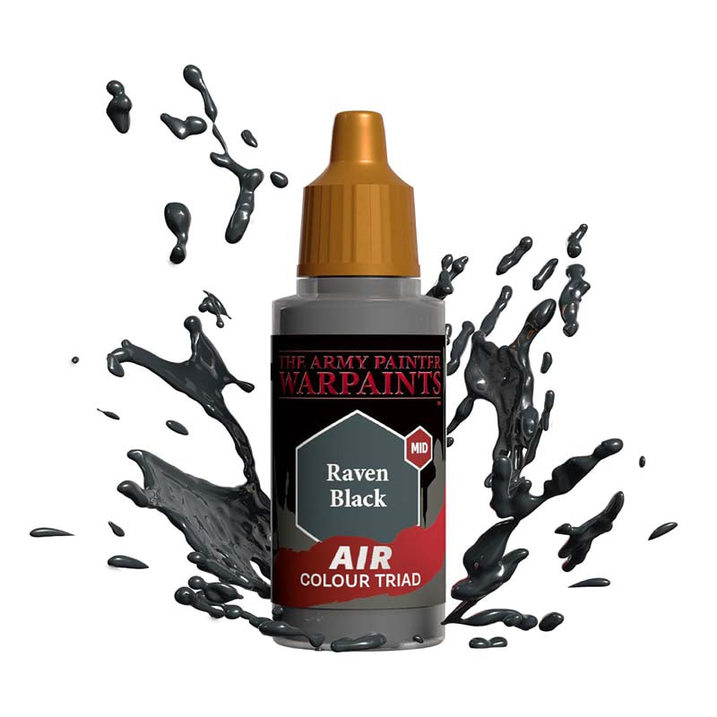 The Army Painter Air Raven Black bottle with splashes of black paint highlighting the air colour triad product.