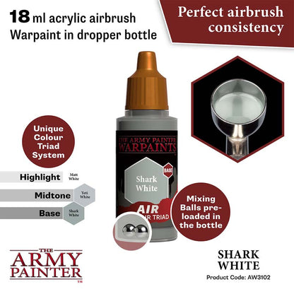 The Army Painter Air Shark White 18ml acrylic airbrush paint with perfect consistency and pre-loaded mixing balls.