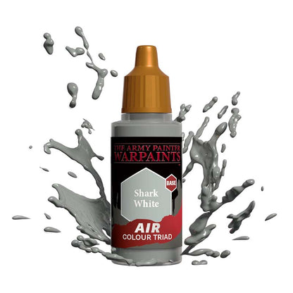 The Army Painter Air Shark White bottle with grey paint splashes showcasing model painting air paint.
