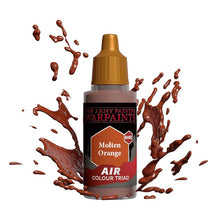 The Army Painter Air Molten Orange bottle with vibrant orange paint splashes showcasing its use for miniature airbrush painting.