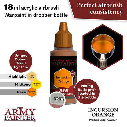 The Army Painter Air Incursion Orange 18ml acrylic airbrush paint with perfect consistency and mixing balls in dropper bottle
