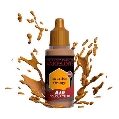 The Army Painter Air Incursion Orange bottle with vibrant orange paint splashes for miniature model airbrush painting.