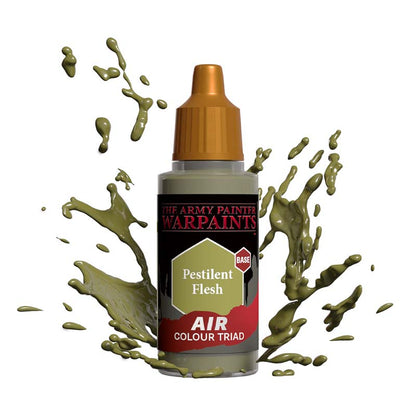The Army Painter Air Pestilent Flesh bottle with olive green paint splashes illustrating model paint for airbrush use.