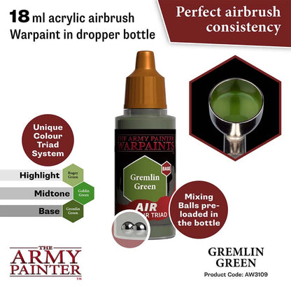 The Army Painter Air Gremlin Green 18ml acrylic airbrush warpaint with perfect consistency and mixing balls in dropper bottle