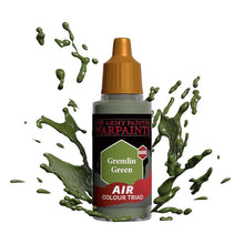 The Army Painter Air Gremlin Green bottle with green paint splashes, designed for miniature airbrush painting.