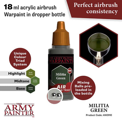 The Army Painter Air Militia Green acrylic airbrush warpaint in 18ml dropper bottle with perfect airbrush consistency