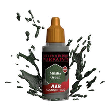 The Army Painter Air Militia Green bottle with green paint splashes highlighting its use for model painting base color.