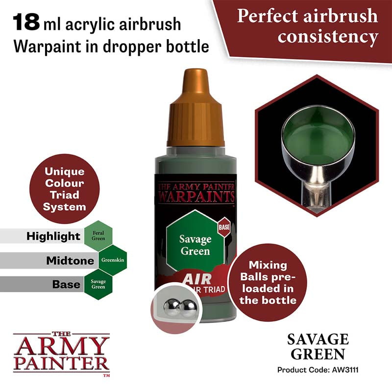 The Army Painter Air Savage Green 18ml acrylic airbrush warpaint with perfect airbrush consistency and mixing balls.