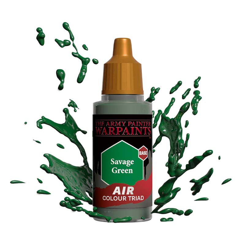 The Army Painter Air Savage Green bottle with vibrant green paint splashes representing airbrush paint for miniatures.
